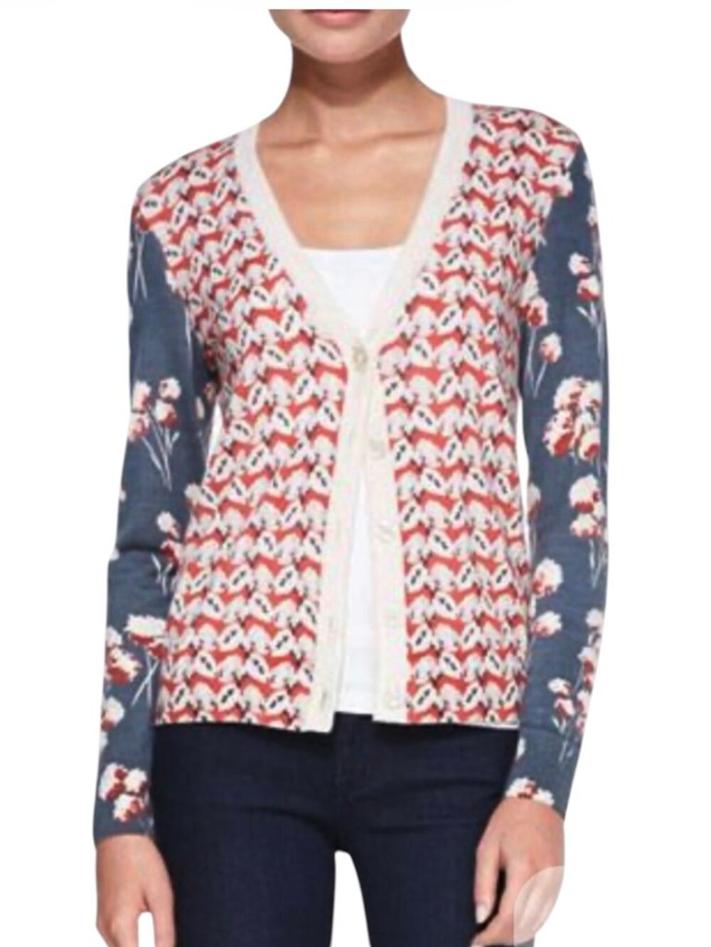 Tory Burch XL Peyton Mixed Floral Printed Merino Wool Button Down Cardigan